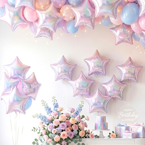 Iridescent Star Balloons - 18-Inch Foil Pack of 10 for Parties