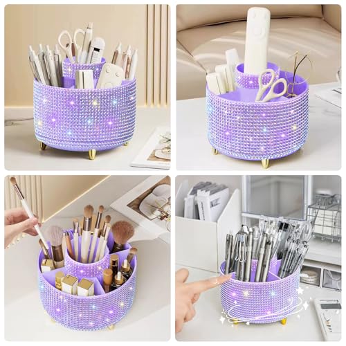 Diesisa 360° Rotating Bling Makeup Organizer - 5-Slot Diamond Purple Holder