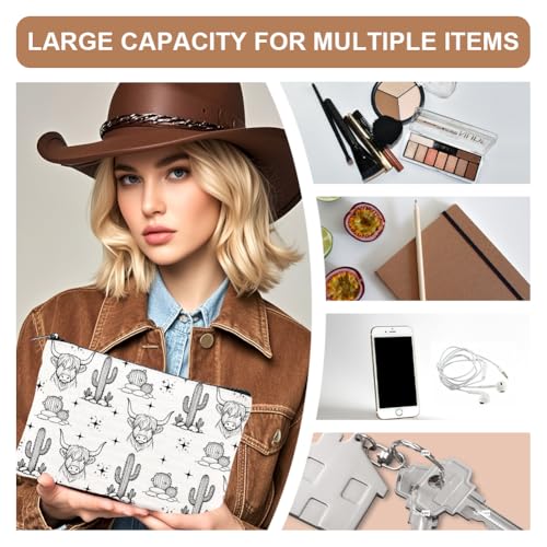 Western Cowboy Cactus Canvas Makeup Bags - Set of 4, Travel Organizer with Zipper, Western Themed Cosmetic Pouches