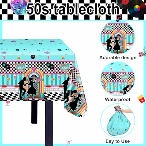 50s Theme Tablecloths - 3 Pack Plastic Table Covers for Parties