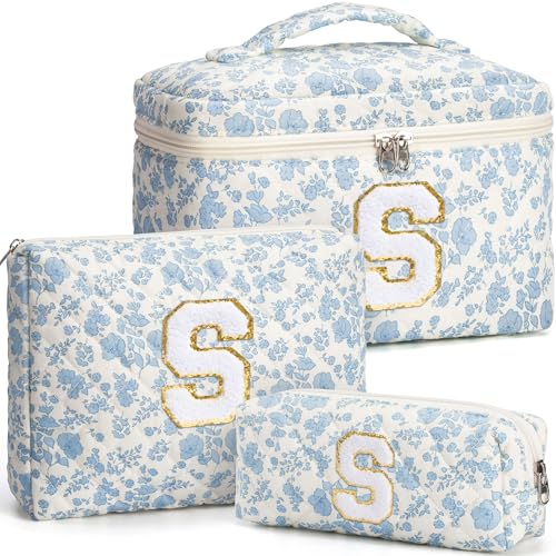 Tiblue Personalized Initial Quilted Makeup Bag Set - 3-Piece Cosmetic Organizer