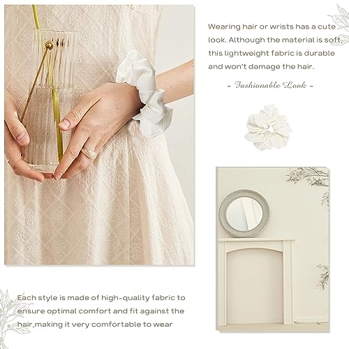 Helamvly 4 Pack Large White Silk Satin Scrunchies for Thick Hair - Handmade, Premium Quality
