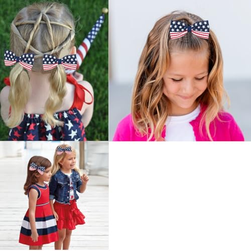 4Pcs Patriotic American Flag Hair Bows for Girls - 5 Inch Clips