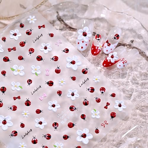 5D Floral Ladybug Nail Art Stickers - Embossed Decals for Women