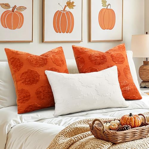 Chenille Pumpkin Throw Pillow Covers 18x18 - Set of 2 for Fall Decor