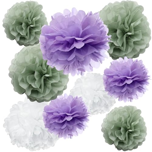 Sage Green & Lavender Tissue Paper Pom Poms - 9-Pack Party Decor