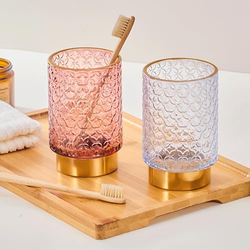 Vintage Glass Makeup Brush Holder with Gold Metal Base - Desk Organizer