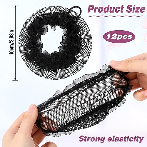 Mozeat Reusable Elastic Mesh Hair Nets for Buns - Adjustable Black Hair Accessories, 12 Pack