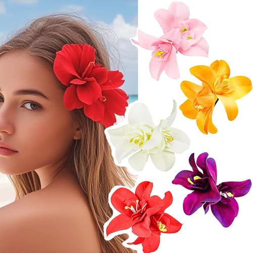 HONGCAUP Tropical Orchid Hair Clips Set - 5 Colors, Bohemian Beach Wedding Accessories
