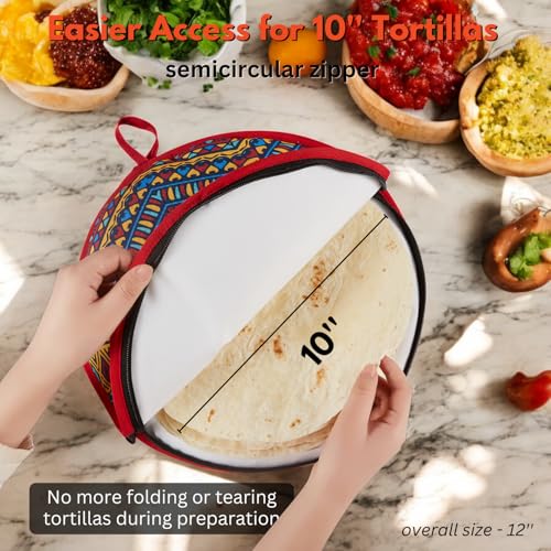 Insulated Tortilla Warmer Pouch - 12 Inch Zippered Holder for 10" Tortillas