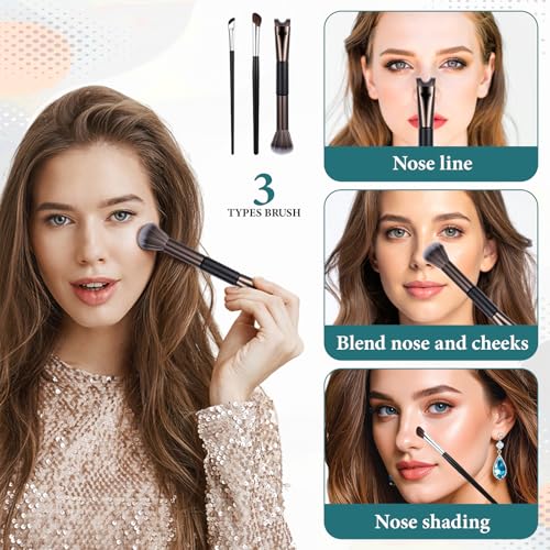 3-Piece Dual-End Nose Contour Brush Set for Sculpting & Blush