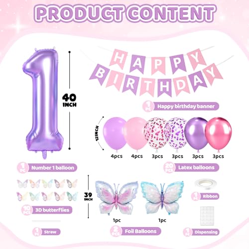 Butterfly 1st Birthday Decoration Set with Number 1 Balloon