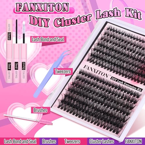 FANXITON DIY Individual Eyelash Extension Kit, Thick Volume Lash Clusters 40D+50D D Curvature, 280 Pieces Thin Band Cluster Lashes with Bond and Seal Tweezers