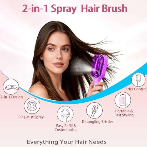 2-in-1 Purple Hair Brush with Water Spray - Detangler for Frizz Control