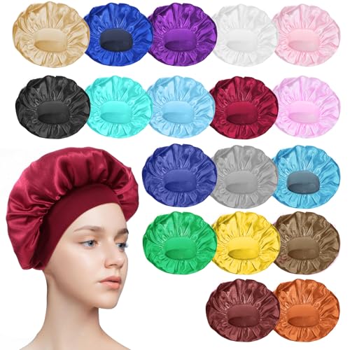 WLLHYF Multicolored Satin Bonnet for Sleeping, Large Wide Band Hair Wrap, Set of 18
