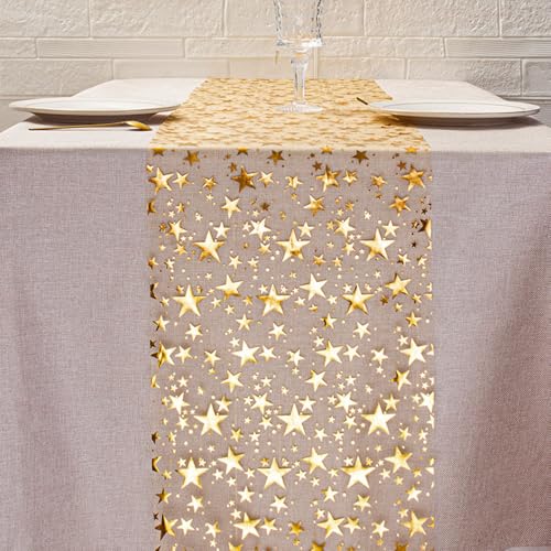 Gold Star Table Runner Set - 3 Rolls, 11" x 106" Polyester Decor