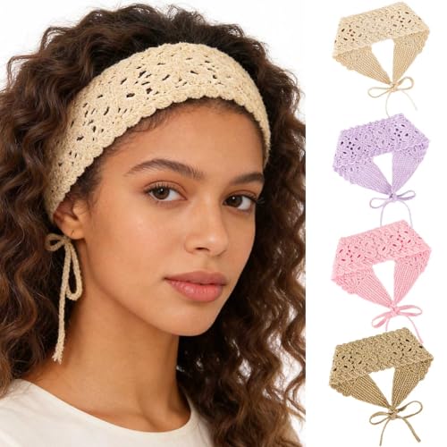 Acenail Solid Color Boho Crochet Headbands for Women - 4 Pack, Floral & Knitted Hair Accessories