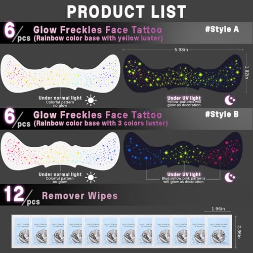 Noerrors 12pcs Glow in the Dark Rainbow Freckles Stickers Set C - UV Reactive Temporary Makeup