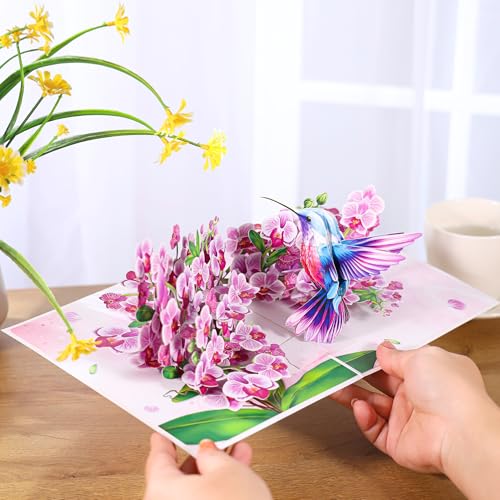 3D Hummingbird Pop-Up Birthday Card for Women - Purple Orchid Design