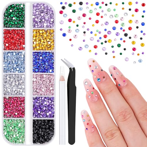 BELLEBOOST 5000pcs Multicolor Nail Rhinestones Kit with Tweezers & Pickup Pencil - Small Gems for Nail Art & Crafts