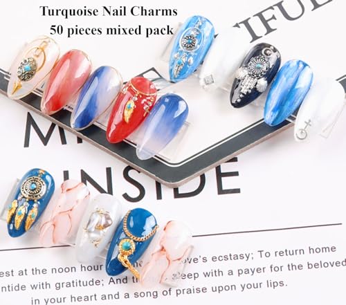 50 PCS Western Turquoise Nail Charms - 3D Cowboy Metal Nail Art Gems