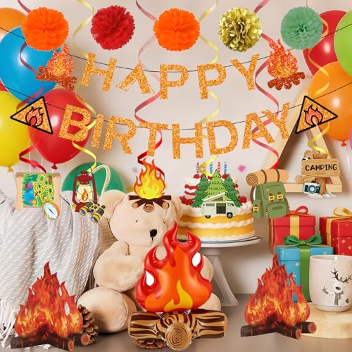 Camping Birthday Party Decorations Set - Rustic Kit with Banner, Swirls, and Centerpieces