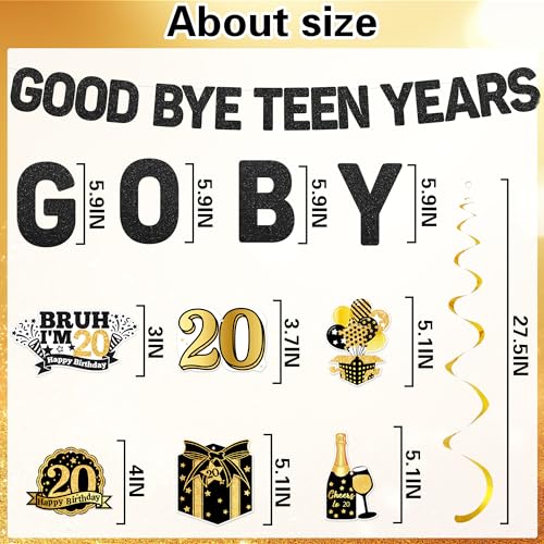 20th Birthday Banner Set - Black Gold Glitter Decorations for Him