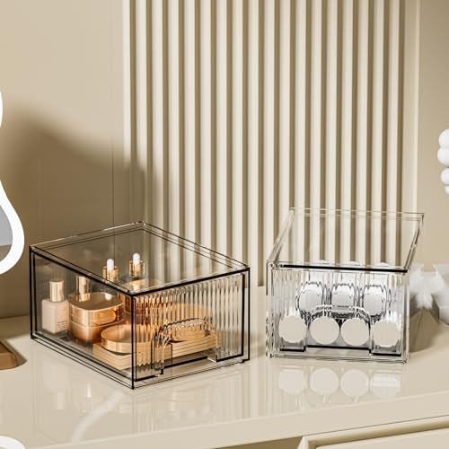 ZHIAI 2 Short Pack Clear Stackable Cosmetic Organizer - Acrylic Drawer Storage for Makeup, Vanity, Kitchen