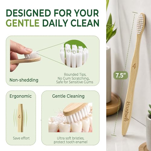 BRUSHWIN 10-Pack Bamboo Toothbrushes, Soft Plant-Based Bristles Eco-Friendly