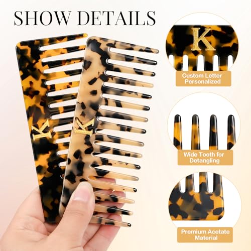 Auseibeely 2 Pack Large Wide Tooth Hair Comb with Initial K - Tortoise Cellulose Acetate, Detangler for Thick Curly Wet & Dry Hair