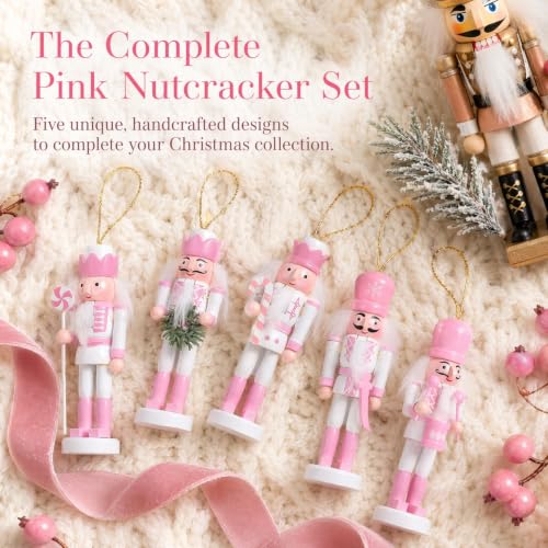 IMIKEYA 5-Pack Pink Wooden Nutcracker Ornaments for Christmas