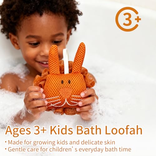 Dewlavelle Kids Bath Sponge - Soft Mesh Shower Pouf with Cute Turtle & Bunny - Gentle Kid-Friendly Bath Accessories