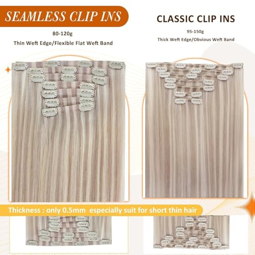 Full Shine Hair Extensions Real Human Hair Clip ins Blonde Hair Extensions Highlight Seamless Clip in Human Hair Extension PU Skin Weft Add Volume 18 Inch 8 PCS 120 G
