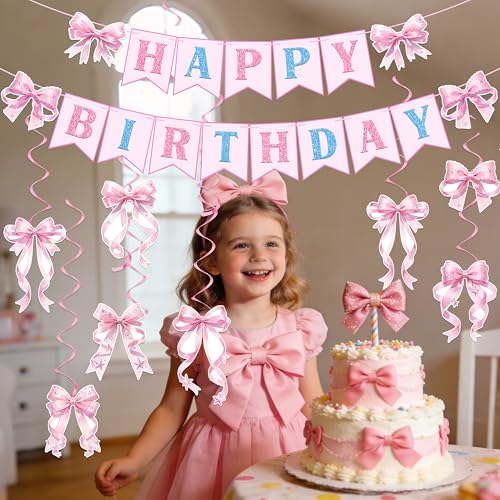 Pink Bow Happy Birthday Decorations Kit - Pre-Strung Banners & Swirls