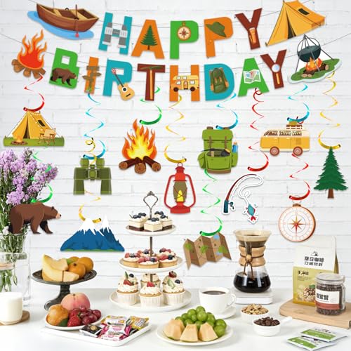25-Piece Camping Birthday Party Decorations Set with Banner & Swirls