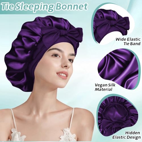 VECIIR Large Lavender Satin Sleep Bonnet for Women, Adjustable Hair Protector