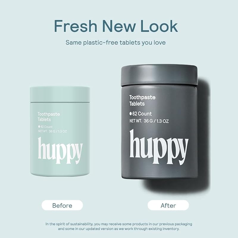Huppy Toothpaste Tablets with Refillable Tin - Fluoride-Free, Charcoal Mint, 62 Count