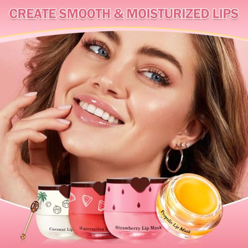 QIUFSSE 4PCS Lip Balm Set - Strawberry, Watermelon, Coconut, Honey, Moisturizing