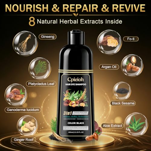 CPIEIOH Black Hair Dye Shampoo 3-in-1 Hair Color for Gray Coverage, Natural Botanical Formula, 15-Minute Salon-Quality Results