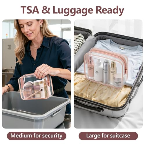 PACKISM Clear Makeup Bag Set — 1 Medium + 1 Large TSA 3-1-1 Approved, Rose Pink