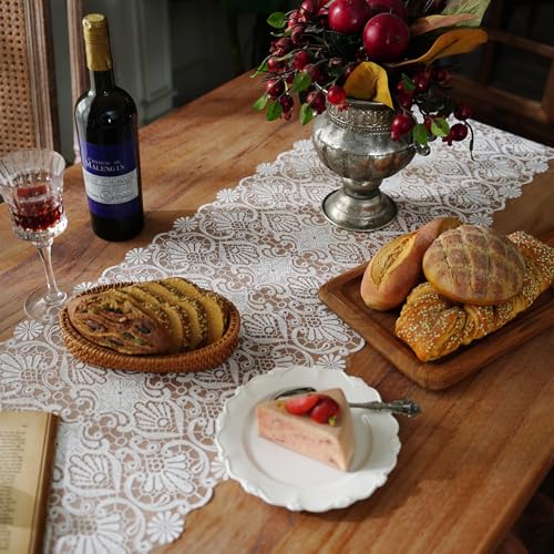 Elegant White Faux Lace Table Runner, 14" x 48" for Weddings & Decor