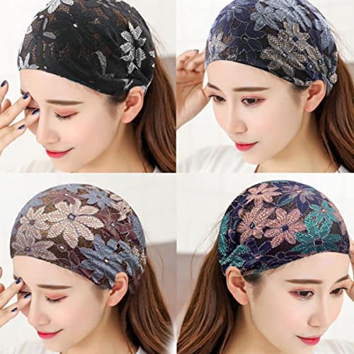 4 Pack Lace Elastic Headbands for Women & Teens - Flower Design