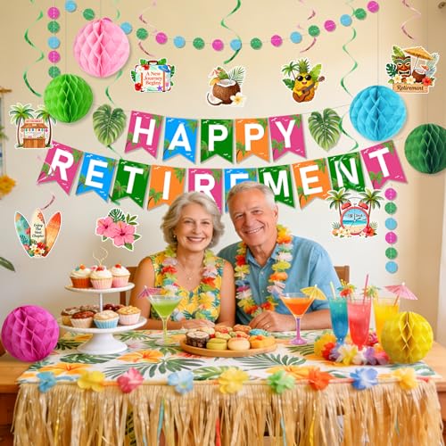Tropical Hawaiian Retirement Party Decoration Kit - Happy Retirement Banner & Honeycomb Balls