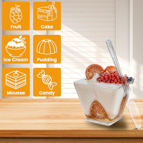 50 Pack 2 oz Clear Square Dessert Cups with Spoons - Mini Serving Bowls for Parties