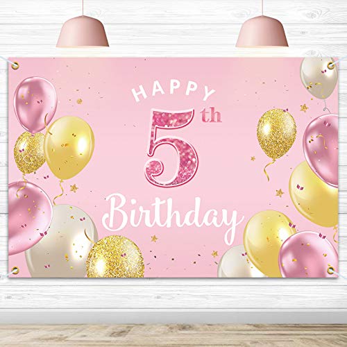 Happy 5th Birthday Banner - Pink Party Backdrop 3.9x5.9ft