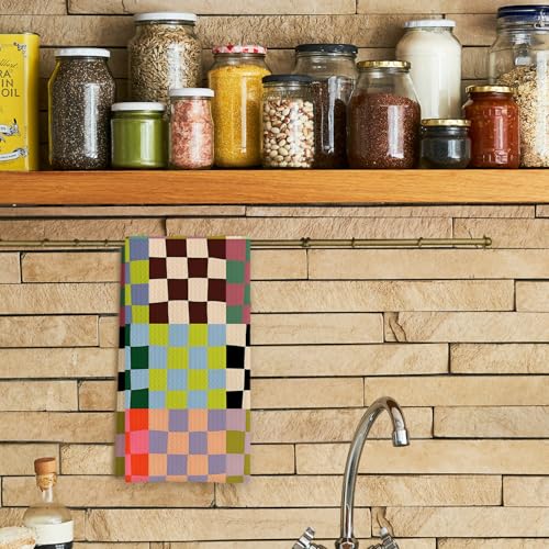 Colorful Checkered Hand Towels - 100% Cotton, 16x24 Inch Absorbent Kitchen & Bathroom Towels