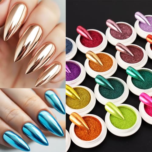 24Pcs Chrome Nail Powder Set with Mirror & Holographic Finishes, Professional Nail Art Kit