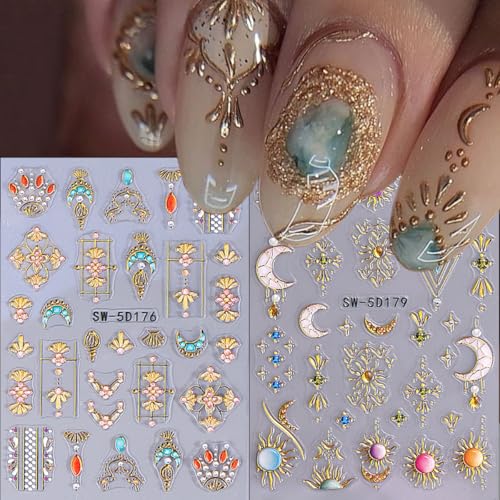 Bohemian Nail Decals 2 Sheets Sun & Moon Embossed Star Stickers Self-Adhesive