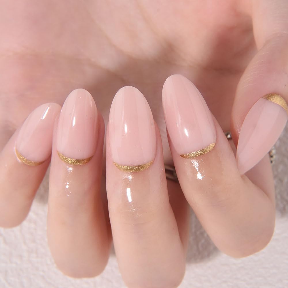 Nude Pink French Press-On Nails - Short Almond Shape | Reusable Soft Gel with Gold Foil Design