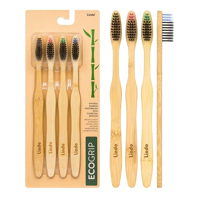 Lindo EcoGrip Bamboo Toothbrush - Soft Charcoal Bristles, 4-Pack